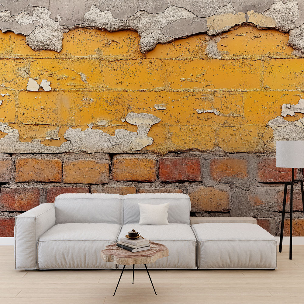 Industrial yellow brick wallpaper creating a cozy atmosphere in a modern loft living room with high ceilings