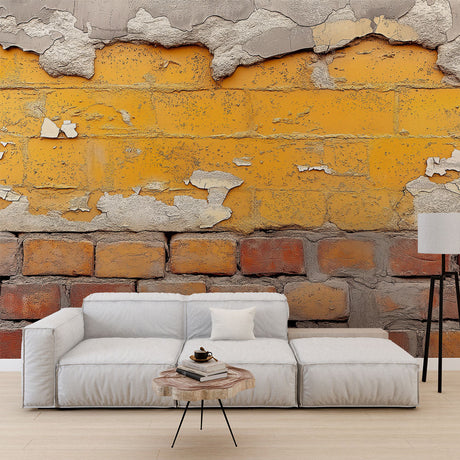 Industrial yellow brick wallpaper creating a cozy atmosphere in a modern loft living room with high ceilings