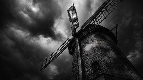 Black and white industrial windmill wallpaper design file showing detailed architectural pattern