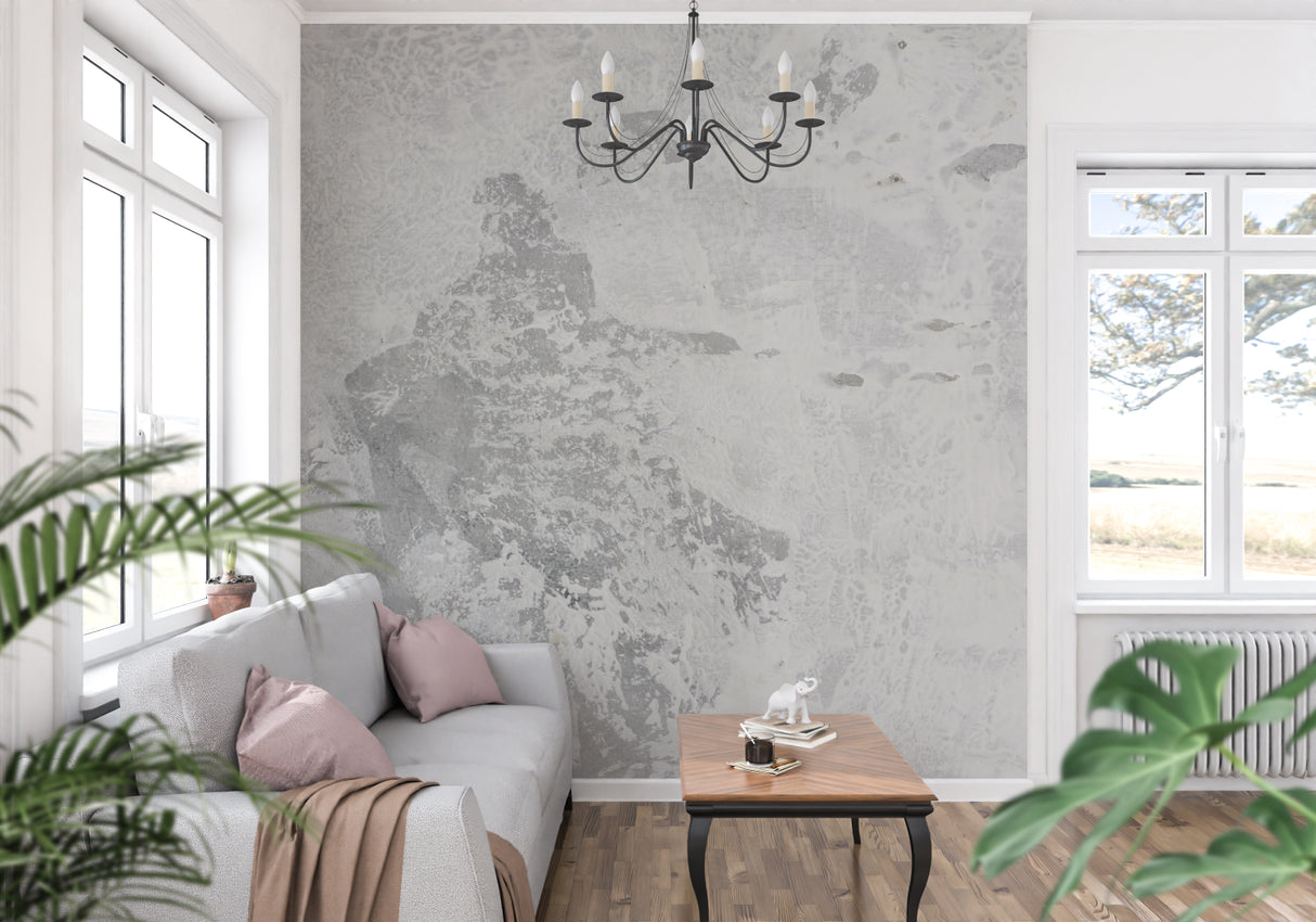 Grey concrete wallpaper creating industrial appeal in contemporary office space
