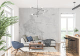 Industrial concrete wall mural adding character to modern dining room
