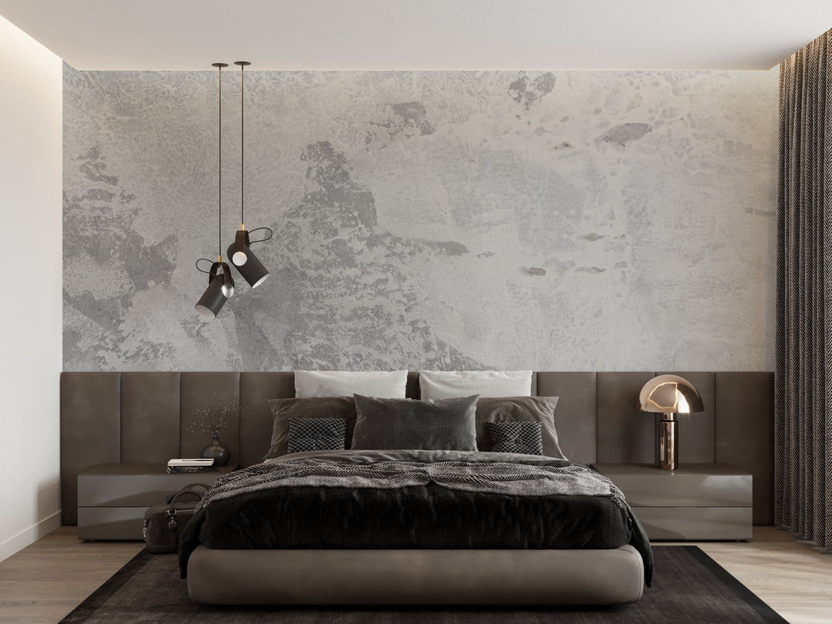 Textured grey concrete wallpaper transforming bedroom feature wall