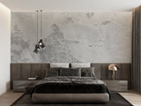 Textured grey concrete wallpaper transforming bedroom feature wall