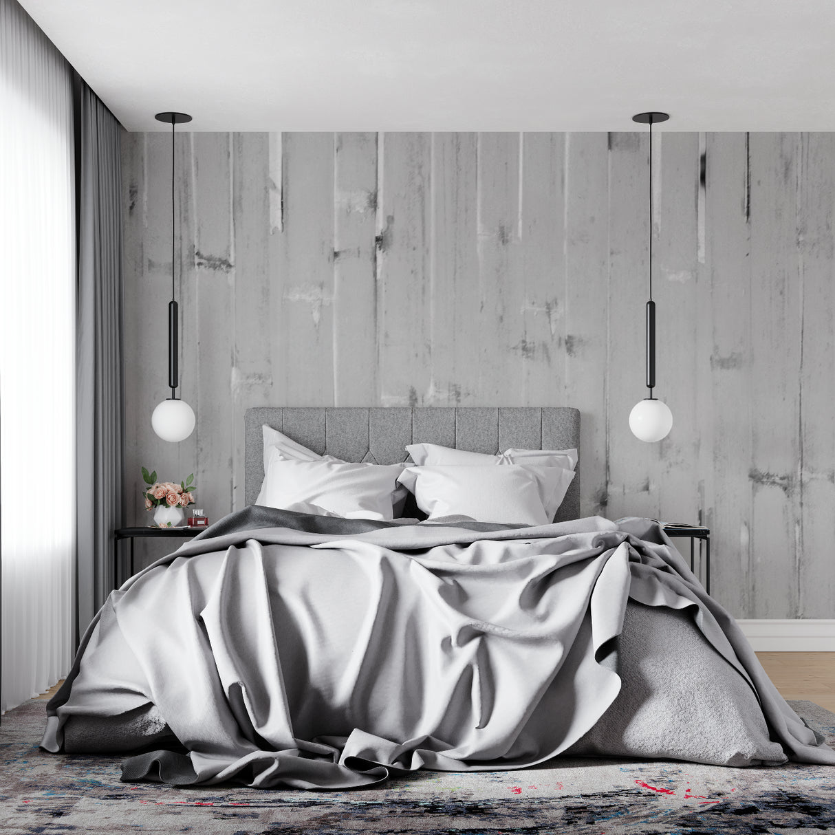 Grey wooden wall mural in contemporary kitchen space with natural lighting