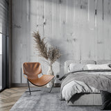 Grey wood wallpaper adding texture to modern dining room