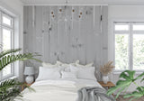 Industrial wood mural in urban loft bedroom showcasing vertical grain