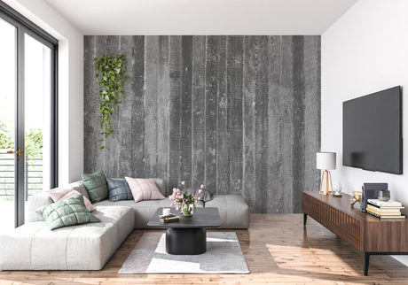 Grey wood plank wallpaper in modern living room with industrial furniture and large windows