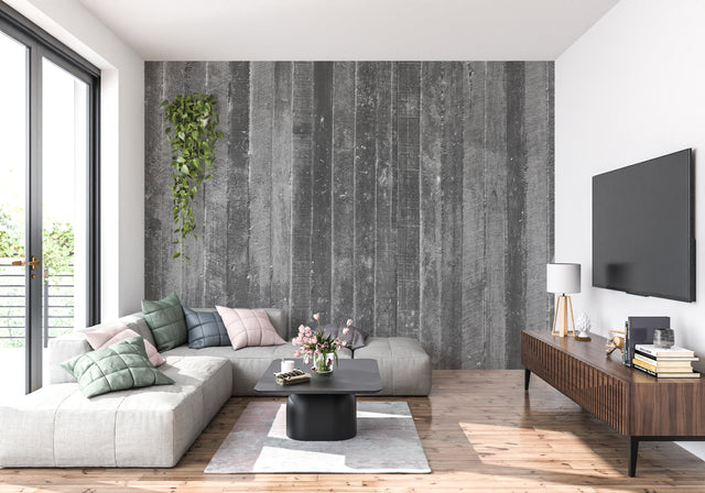 Grey wood plank wallpaper in modern living room with industrial furniture and large windows