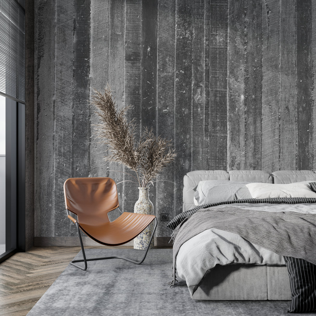 Industrial style bedroom featuring grey wooden wall mural with metal accents