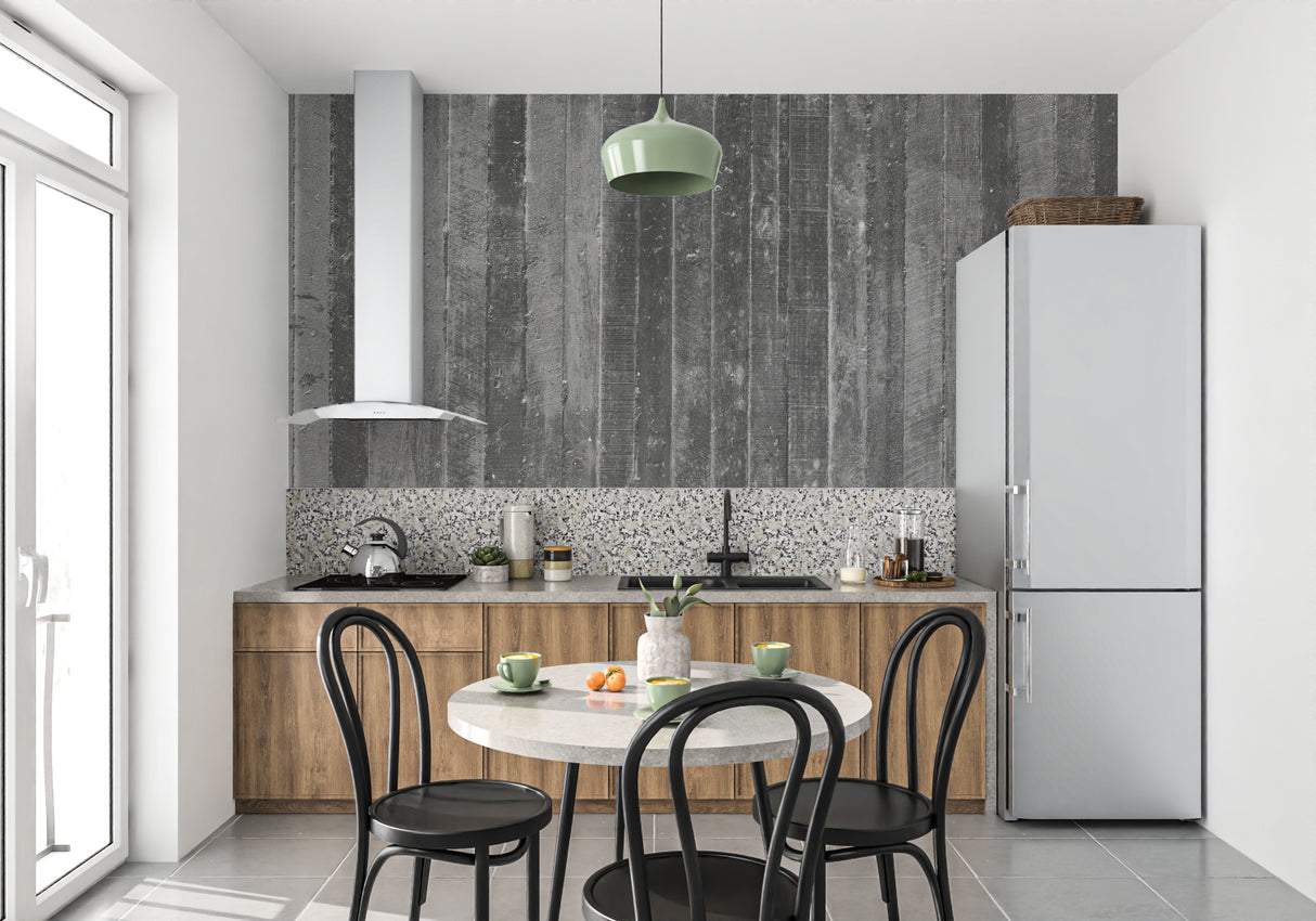 Restaurant interior showcasing industrial grey plank wallpaper with pendant lighting