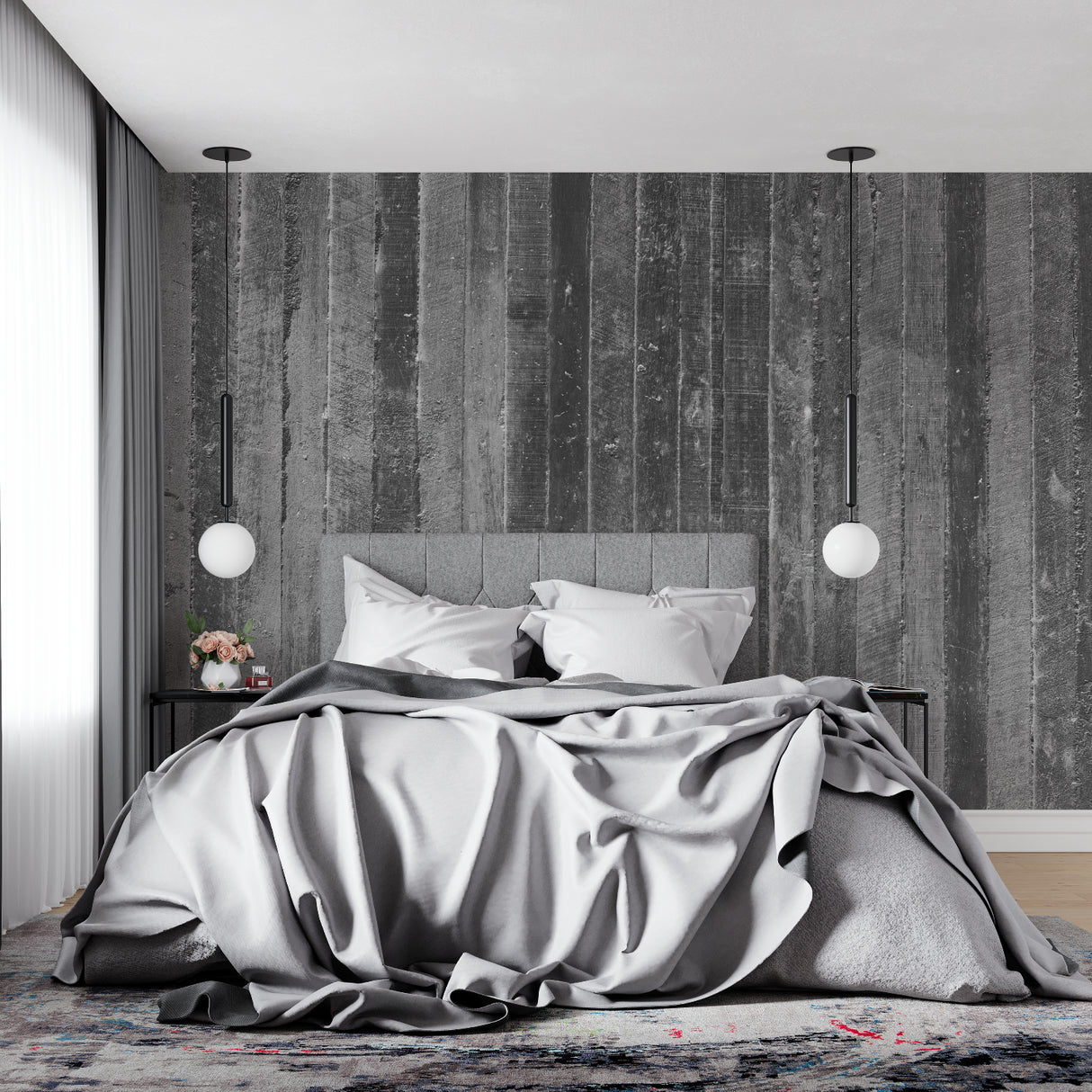 Retail space with wooden plank wall mural creating an urban atmosphere