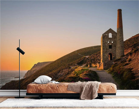 Industrial mine wallpaper mural showcased in a modern industrial-style living room with exposed brick and high ceilings