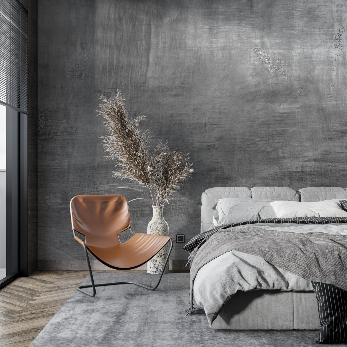 Grey concrete effect wallpaper in urban style office space with glass desk