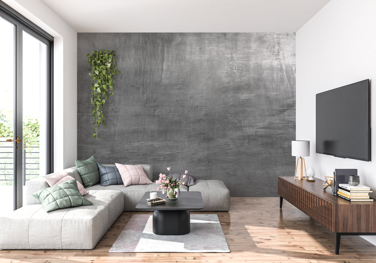 Metallic concrete wallpaper creating statement wall in dining room