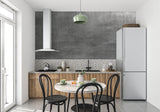 Industrial style wallpaper in bedroom with metal furniture and grey tones