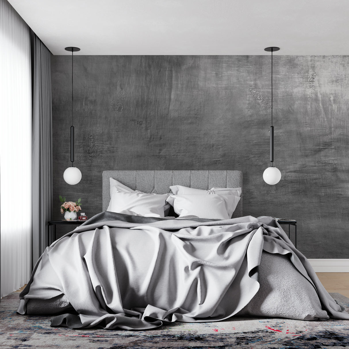 Concrete effect wall mural in modern kitchen with stainless steel appliances