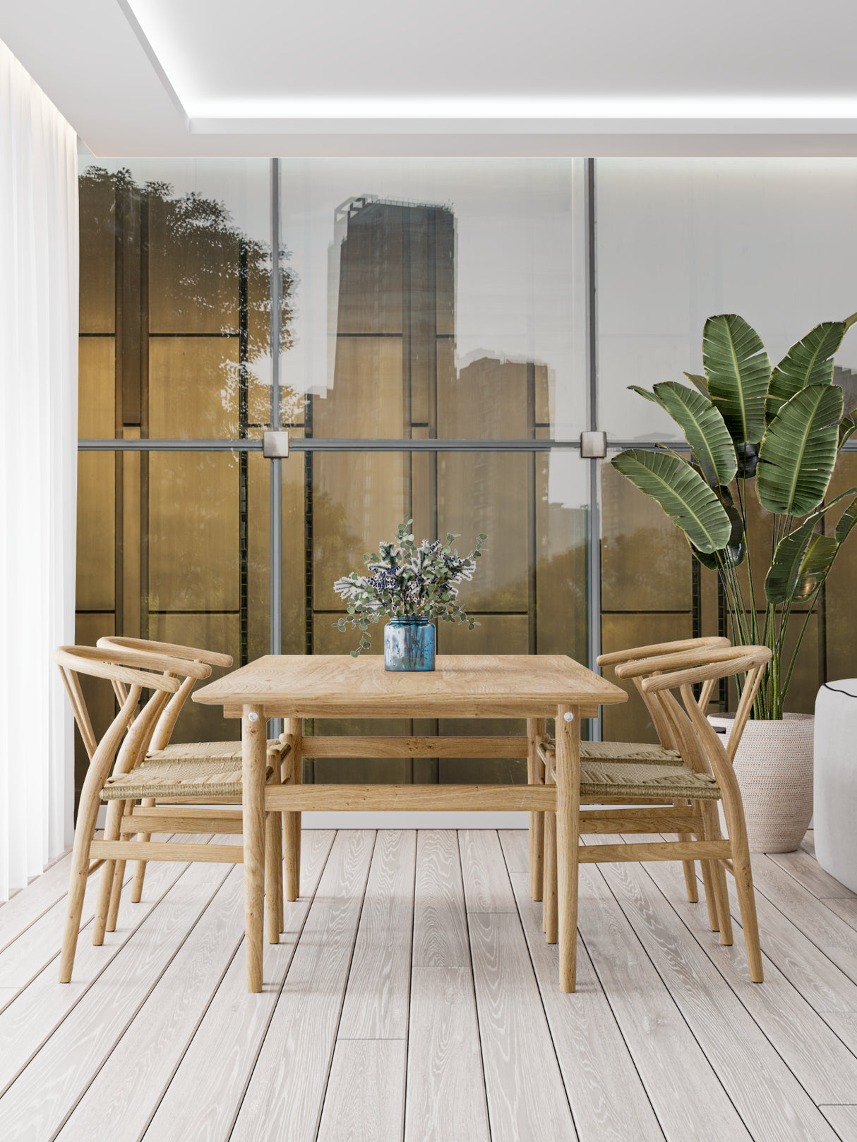 Industrial window wallpaper transforming a modern dining room with golden accents
