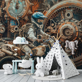 Industrial motocross wallpaper in modern gaming room showing mechanical gears and action design