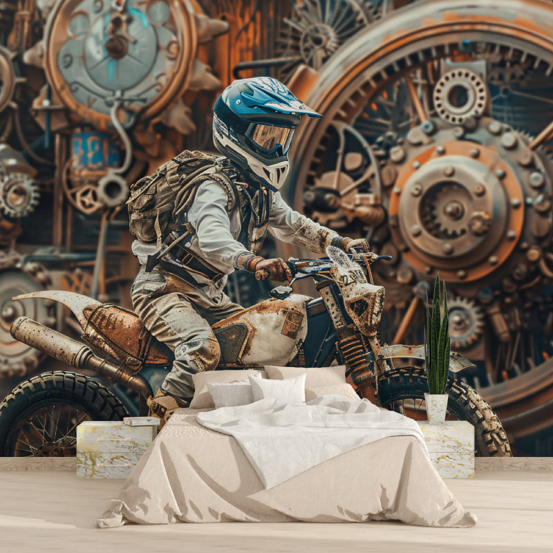 Steampunk wall mural in teen bedroom featuring copper-toned gears and motocross rider