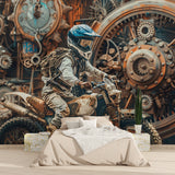 Steampunk wall mural in teen bedroom featuring copper-toned gears and motocross rider