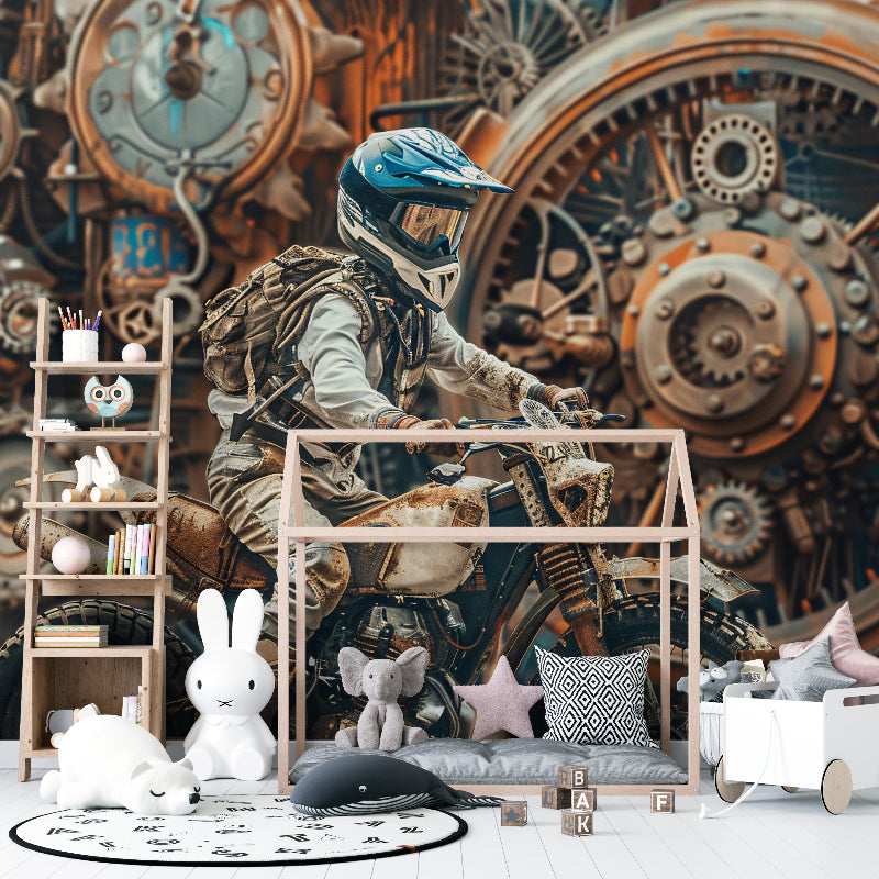 Mechanical gear wallpaper in home office showcasing industrial style and energy