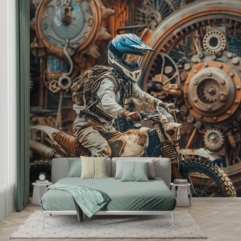 Industrial wall mural in man cave with dynamic motocross action and metallic details