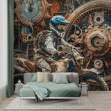 Industrial wall mural in man cave with dynamic motocross action and metallic details