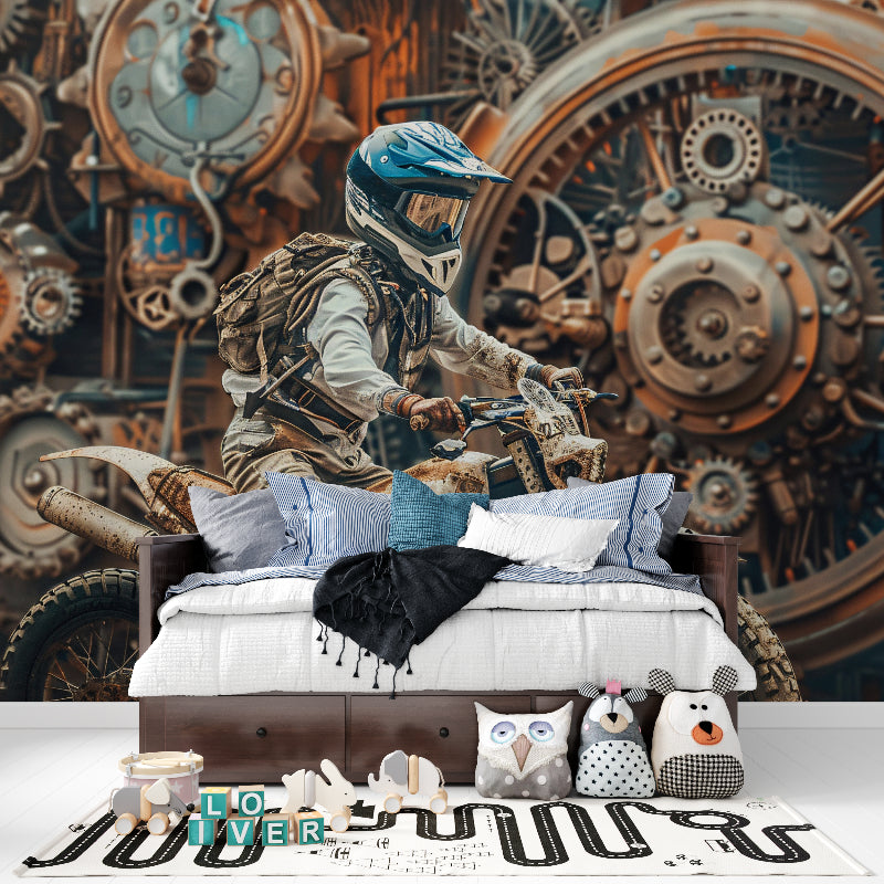 Motocross wallpaper in urban loft showing intricate gear patterns and movement