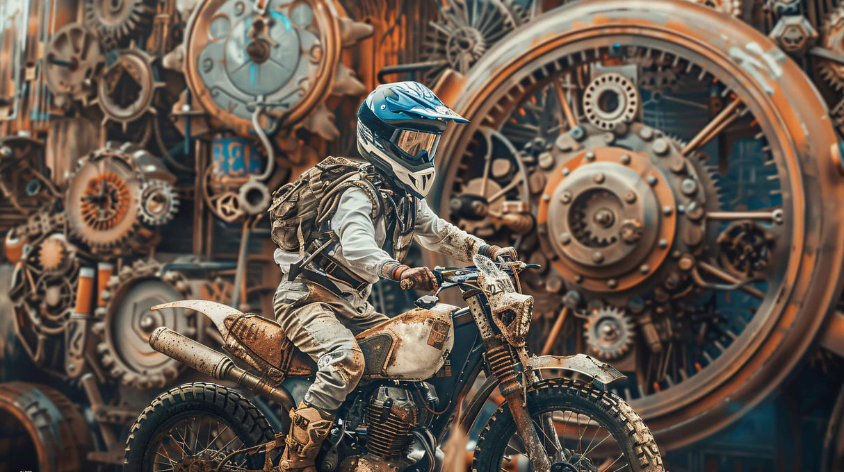 Industrial motocross design file showing detailed mechanical gears pattern and dynamic rider