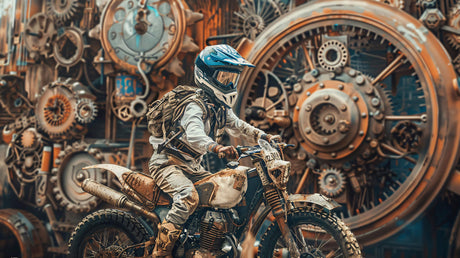 Industrial motocross design file showing detailed mechanical gears pattern and dynamic rider