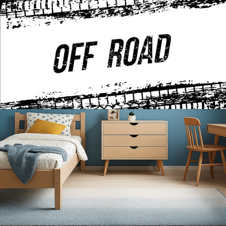 Industrial tire track wallpaper in modern teen bedroom showing bold black and white design