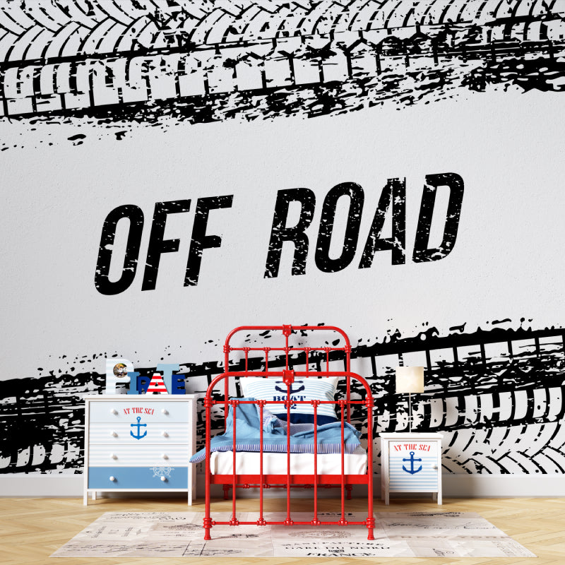 Off-road tire track wall mural creating dynamic atmosphere in urban style home office
