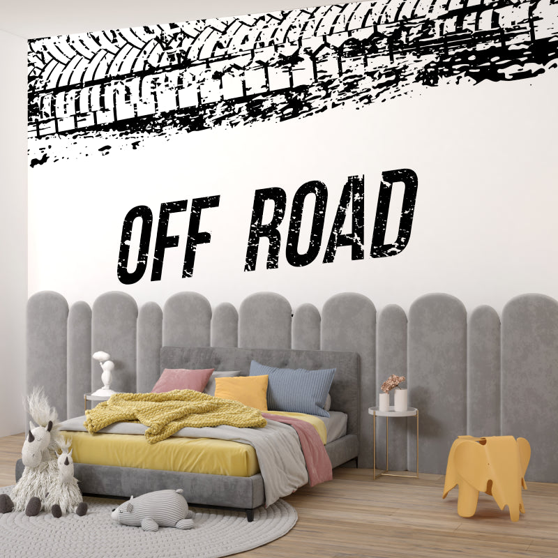 Industrial style wallpaper with tire tracks displayed in contemporary game room