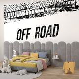 Industrial style wallpaper with tire tracks displayed in contemporary game room