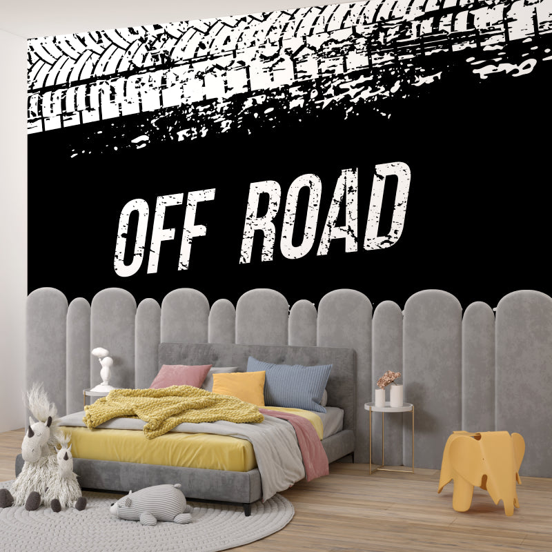 Off road tire track wallpaper making statement in teen bedroom with urban decor elements