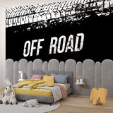 Off road tire track wallpaper making statement in teen bedroom with urban decor elements