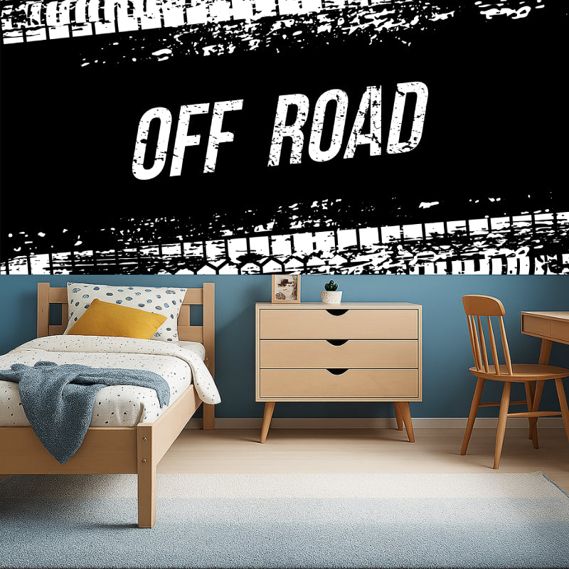 Modern tire track wallpaper featured in industrial style living room with concrete floors