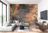 Industrial copper metal wallpaper in modern loft living room with concrete floors and metal furniture