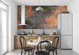 Oxidized copper wall mural in industrial style dining room with pendant lighting