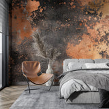 Copper and terracotta wallpaper in contemporary home office with metal accents