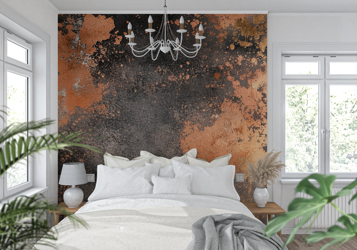 Metal effect wallpaper creating statement wall in urban style bedroom