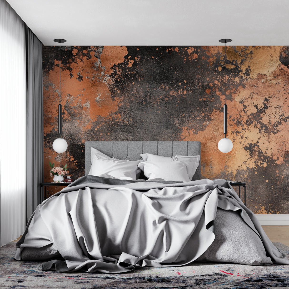 Industrial wall mural in minimalist hallway with track lighting