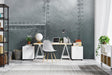 Industrial metal wallpaper creating modern impact in a minimalist home office with clean lines and metal furniture