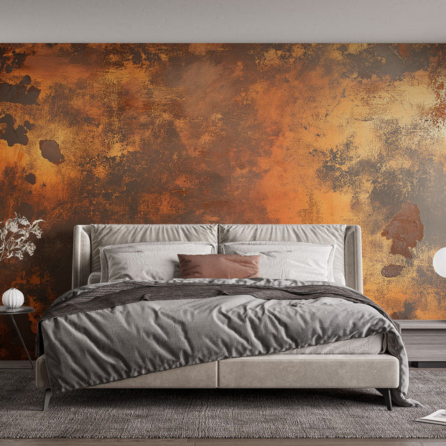 Industrial metal wallpaper creating a striking accent wall in a modern loft living room with minimal furniture