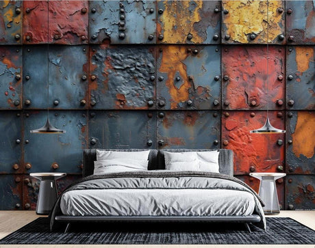 Industrial metal wallpaper creating a bold accent wall in a modern loft living room with high ceilings