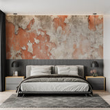 Industrial concrete effect wallpaper in modern living room showing warm terracotta tones