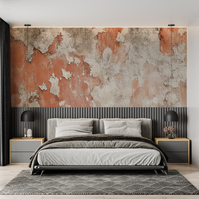Industrial concrete effect wallpaper in modern living room showing warm terracotta tones