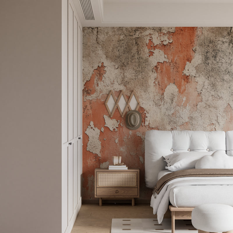 Concrete effect mural in industrial style dining room with natural light