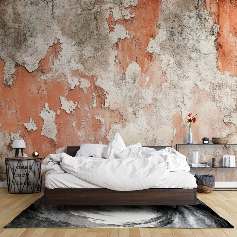 Industrial wall mural showcasing weathered concrete texture in bedroom