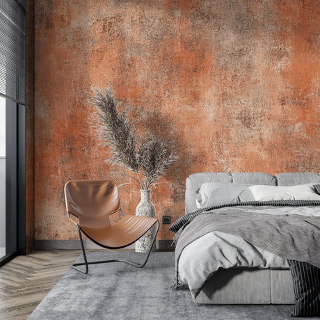 Industrial terracotta wallpaper in modern dining room with natural lighting showcasing textured surface